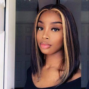 💥 Front Lace Straight Short Hair 100% Human Hair With Front Highlight Wig💥NWT